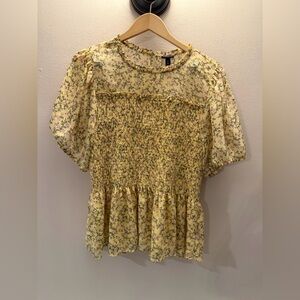 Torrid Yellow Floral Smocked Peplum Blouse Short Puff Sleeve Size 2 Plus Rose